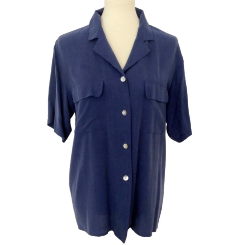 Silk House Vintage Short Sleeve Navy Blue Silk Blouse Size M